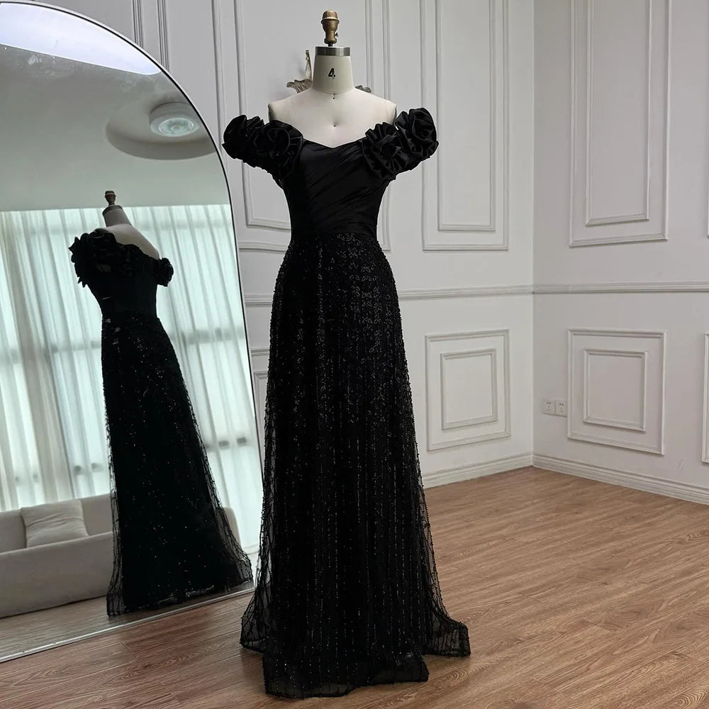 Luxury Black Off Shoulder Sequin Evening Dress with Floral Sleeves LA73096 - SERENE HILL