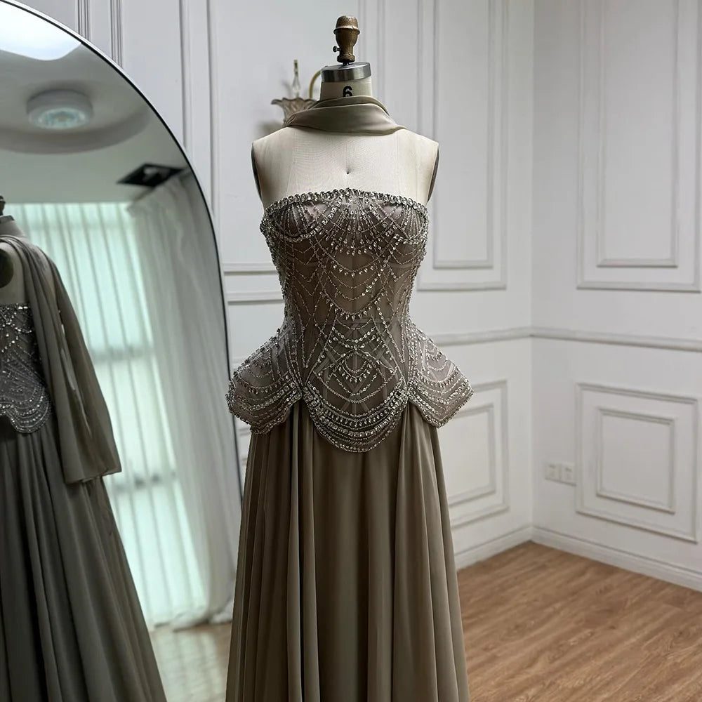 Luxury Designer Nude Beaded Chiffon Evening Dress LA72915 - SERENE HILL