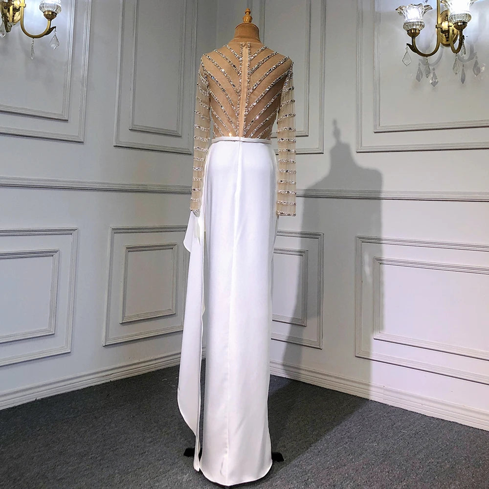 White Long Sleeves Mermaid Split Evening Dresses Design 2025 Beaded Luxury Elegant For Women Party Serene Hill LA71531 - SERENE HILL