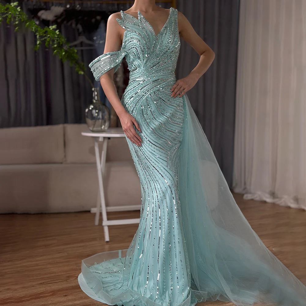 Luxury Dubai Arabic Pink Mermaid Elegant One Shoulder Beaded Long Evening Dresses Gowns for Formal Occasion LA72662A - SERENE HILL