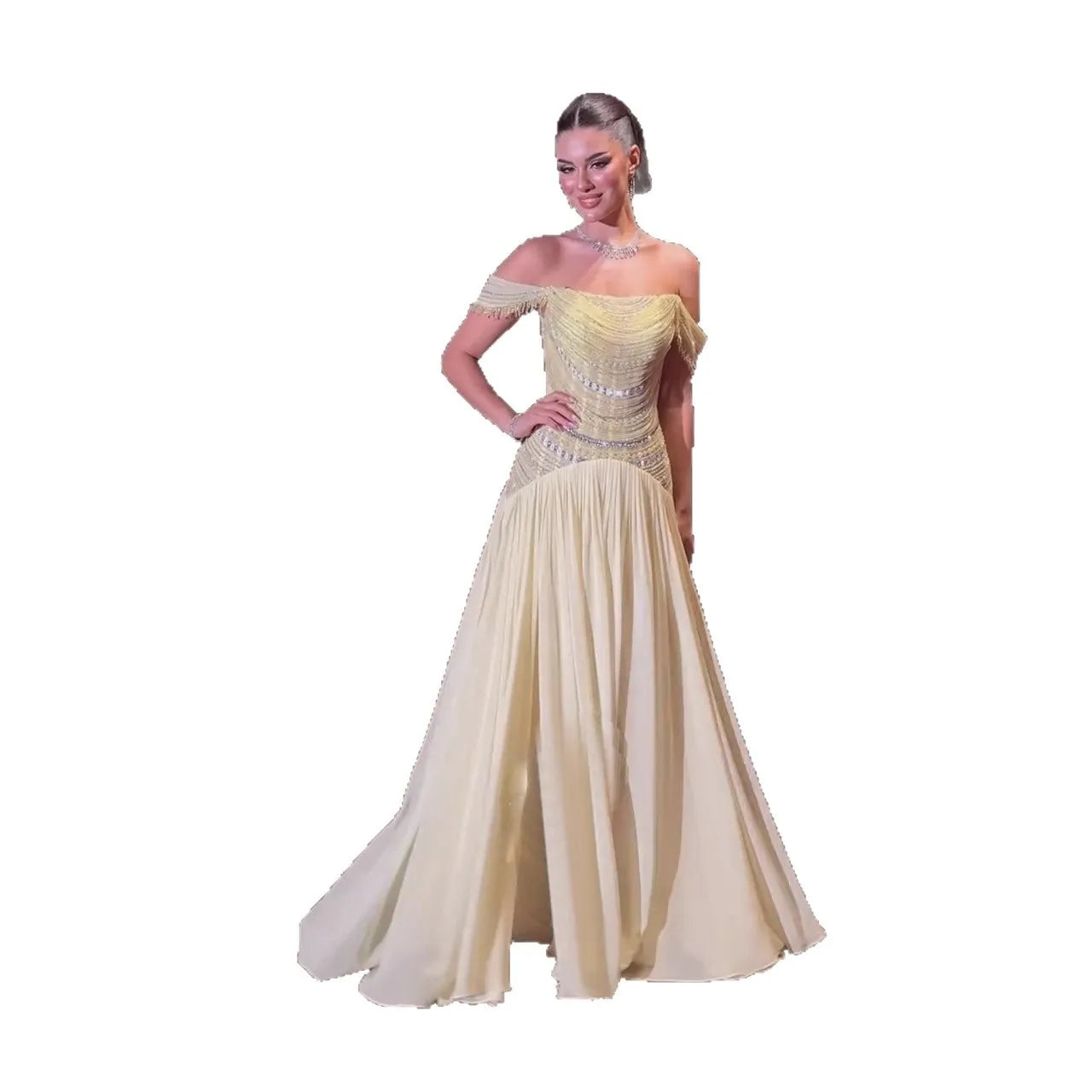 Luxury Evening Dress Yellow Off Shoulder Beaded A-Line Gown LA73350 - SERENE HILL