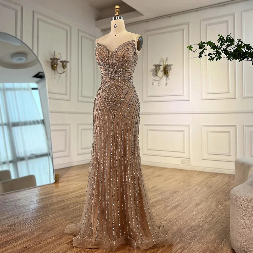 Luxury Nude V Neck Beaded Mermaid Evening Dress Sleeveless LA72981 - SERENE HILL