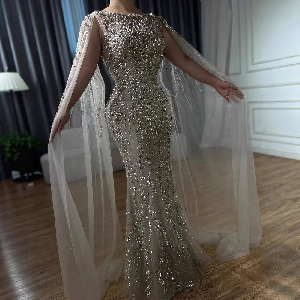 Luxury Caramel Beaded Evening Dress with Cape Sleeves LA73078 - SERENE HILL