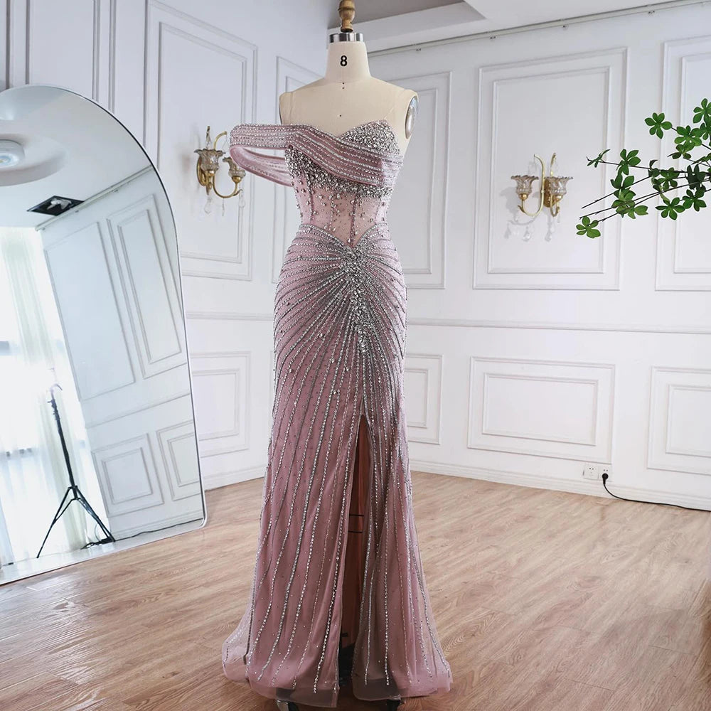Luxury Pink Crystal One Shoulder Beaded Evening Dress Split LA73197 - SERENE HILL