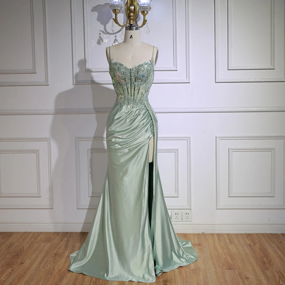 Luxury Mint Green Satin Beaded Prom Dress with Slit Spaghetti Straps Mint / 12 Luxury Mint Green Satin Beaded Prom Dress with Slit Spaghetti Straps Mint / 12
