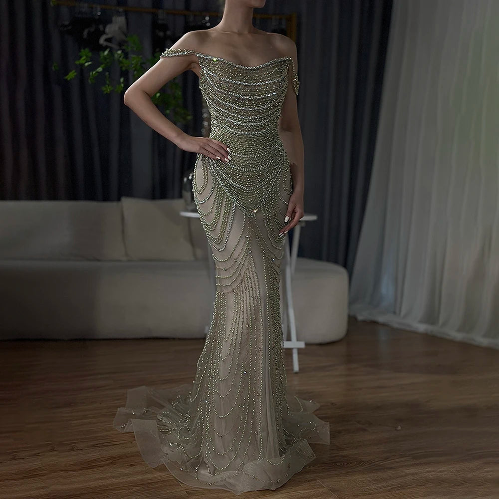 Luxury Crystal Silver Gray Pearl Beaded Evening Dress LA72253 - SERENE HILL