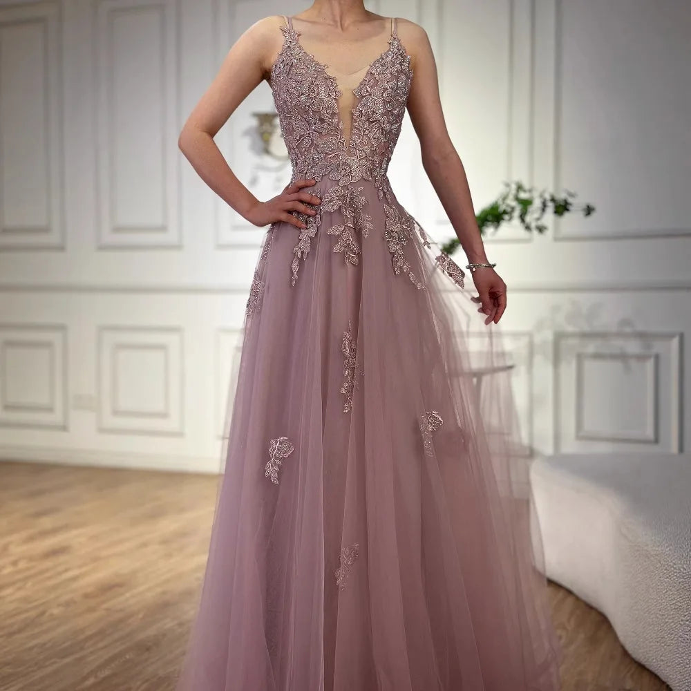 Luxury Sage Green Lace A-Line Prom Dress with Spaghetti Straps LA73005 - SERENE HILL
