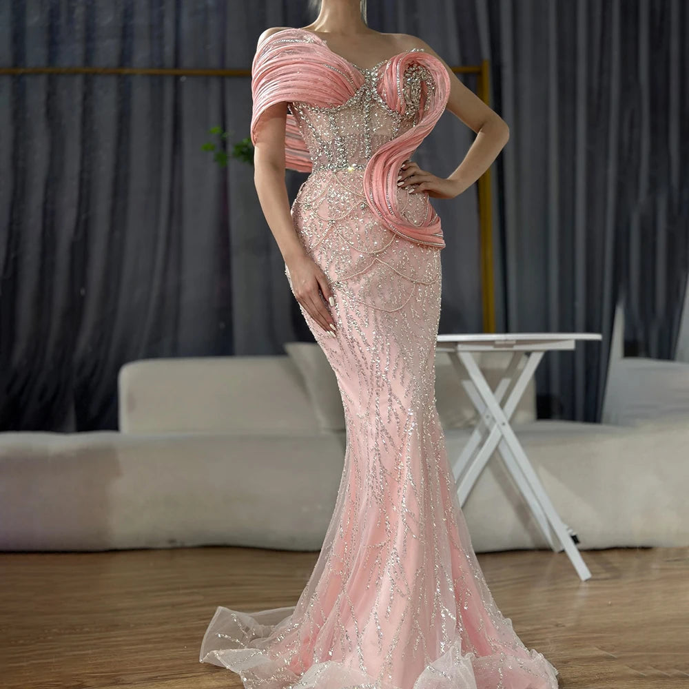 Pink One-Shoulder Luxury Beaded Cut Out Mermaid Evening Dress LA72455 - SERENE HILL