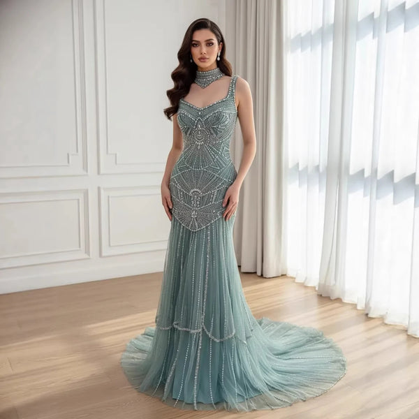 Luxury Turquoise Arabic Mermaid Beaded Evening Dress LA73189B Turquoise / 14