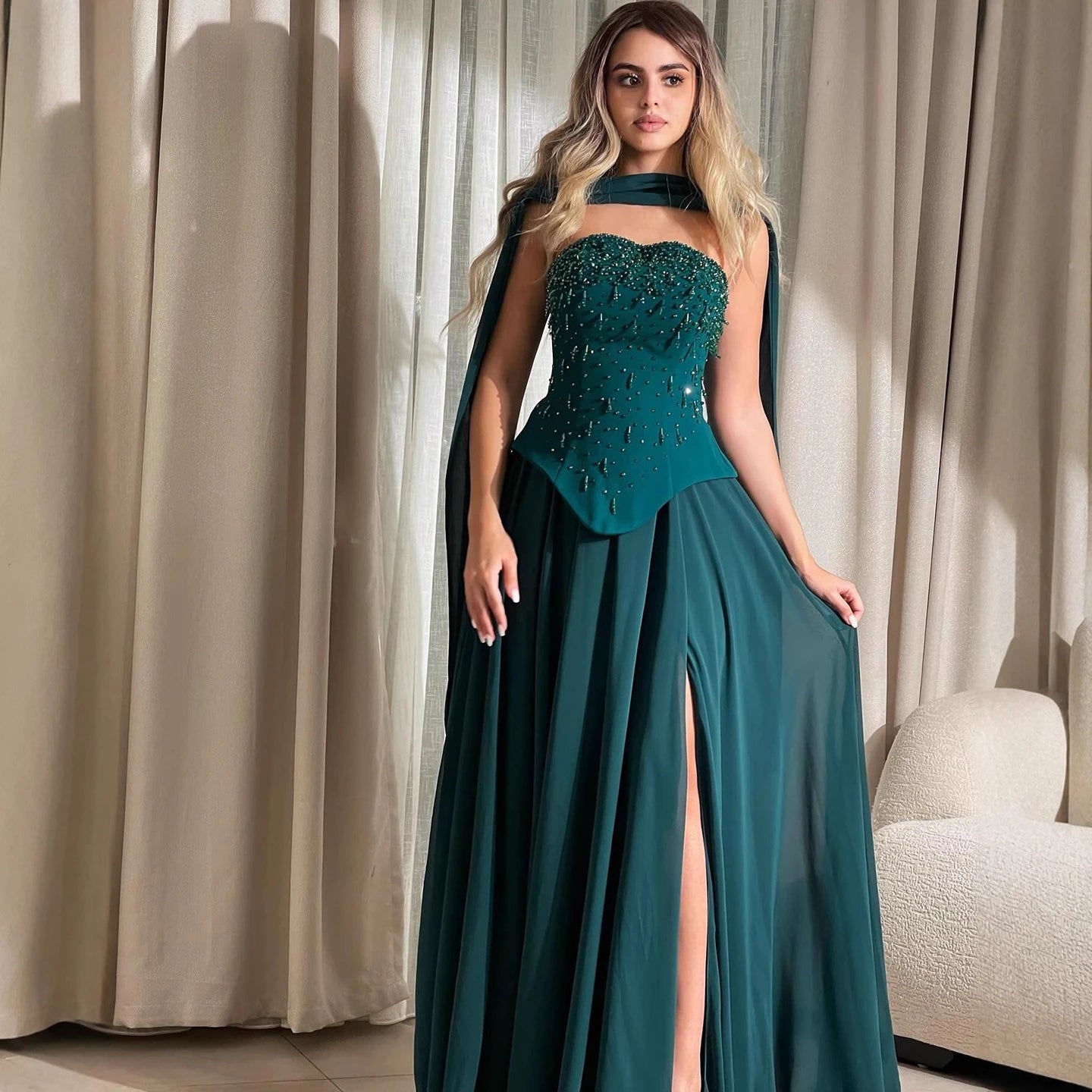 green dress with cape Luxury Beaded Corset Evening LA73367 Green / 10 Expertly crafted trip Select Shoe Size:43 Plus Size Champagne Gold
