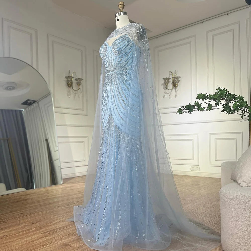 Luxury Blue Beaded Evening Gown with Detachable Cape LA72784 - SERENE HILL