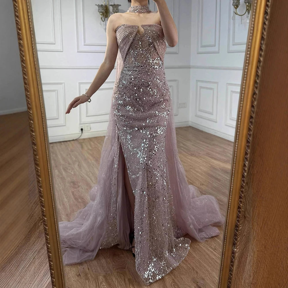 Luxury Gray Beaded Evening Dress with Long Cape LA73159 - SERENE HILL