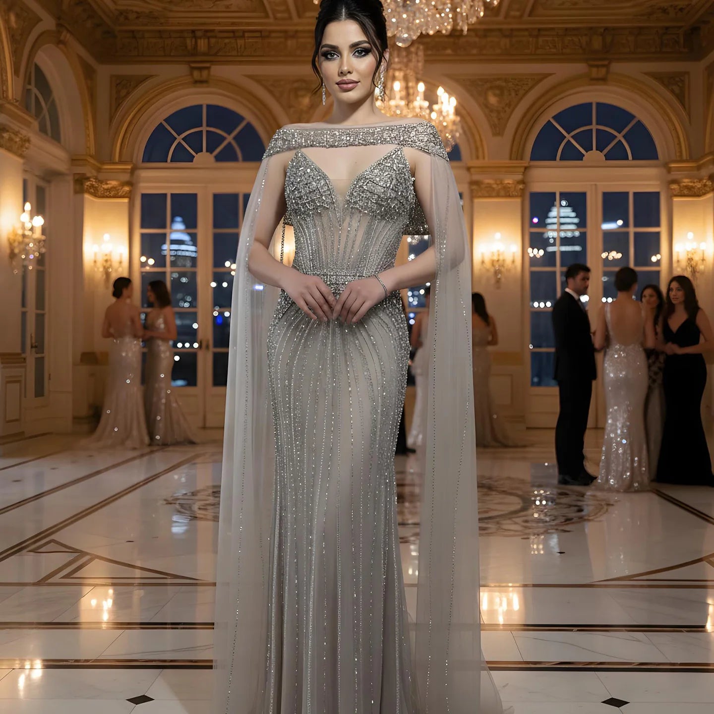 Luxury Caramel Beaded Evening Dress With Cape LA73480A Luxury Caramel Beaded Evening Dress With Cape LA73480A