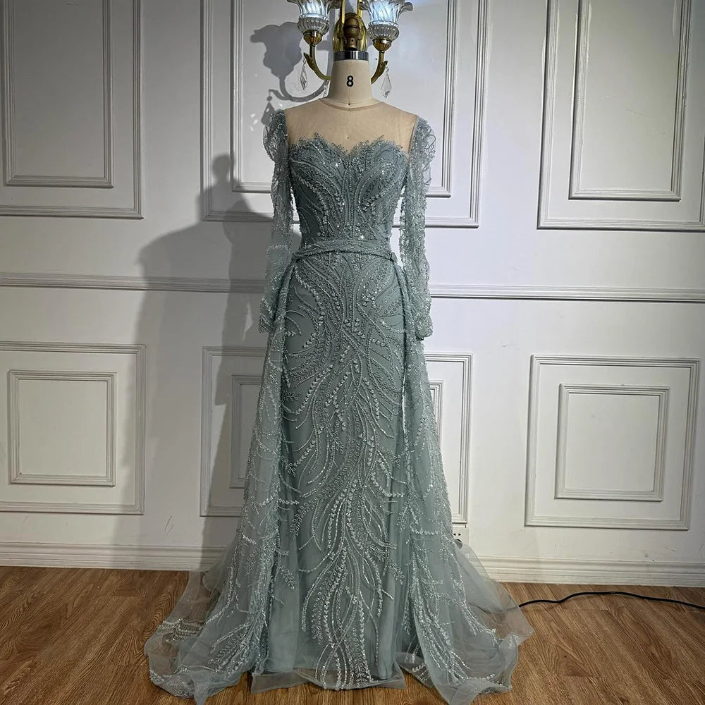 Luxury Sage Green Beaded Evening Dress with Detachable Overskirt LA73066 - SERENE HILL