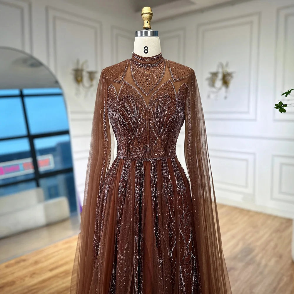 Luxury Brown Beaded Evening Gown with Cape Arabic Style LA72951 - SERENE HILL