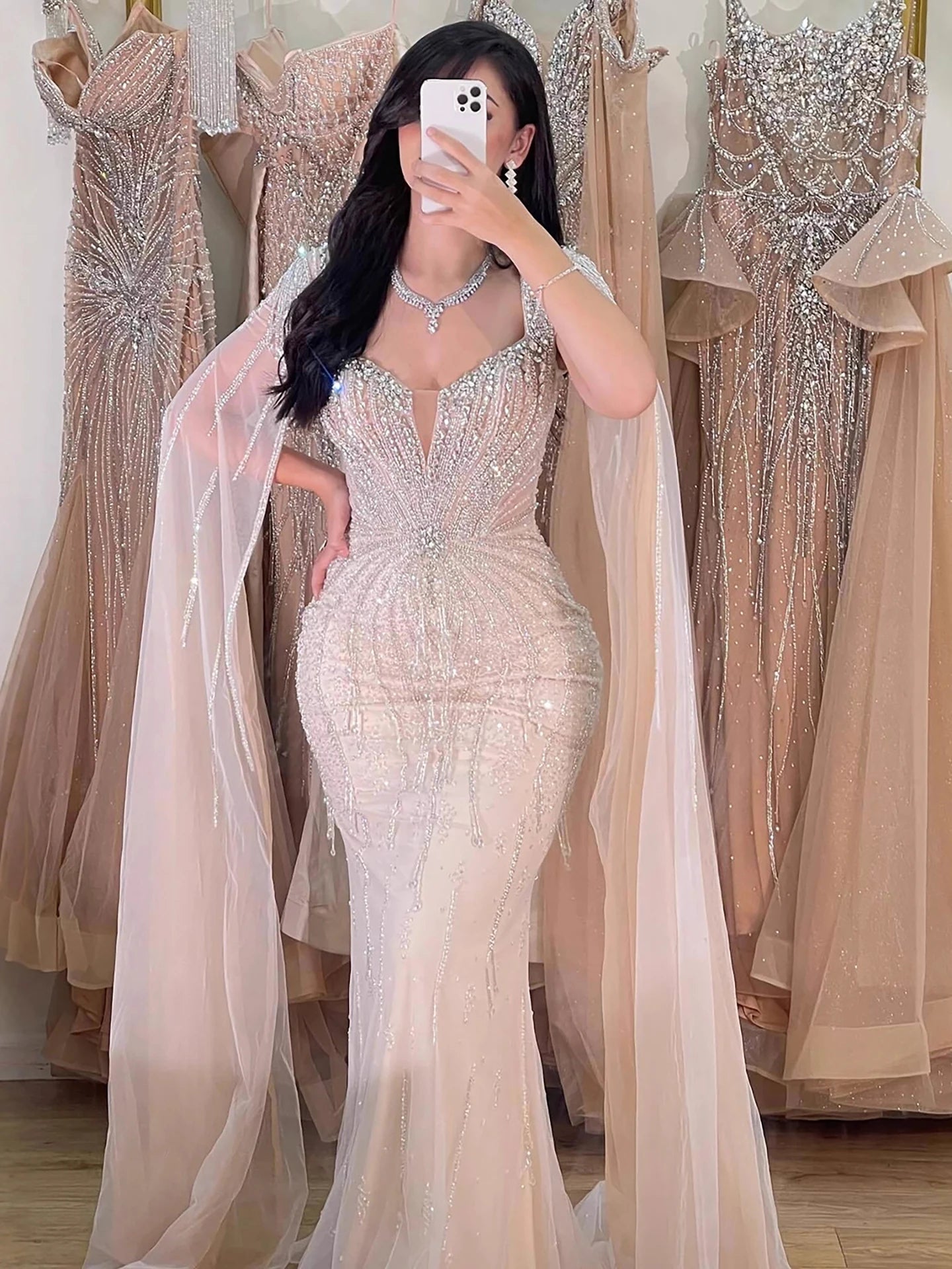 Luxury Designer Beige Beaded Evening Dress with Cape Sleeves LA72992 - SERENE HILL