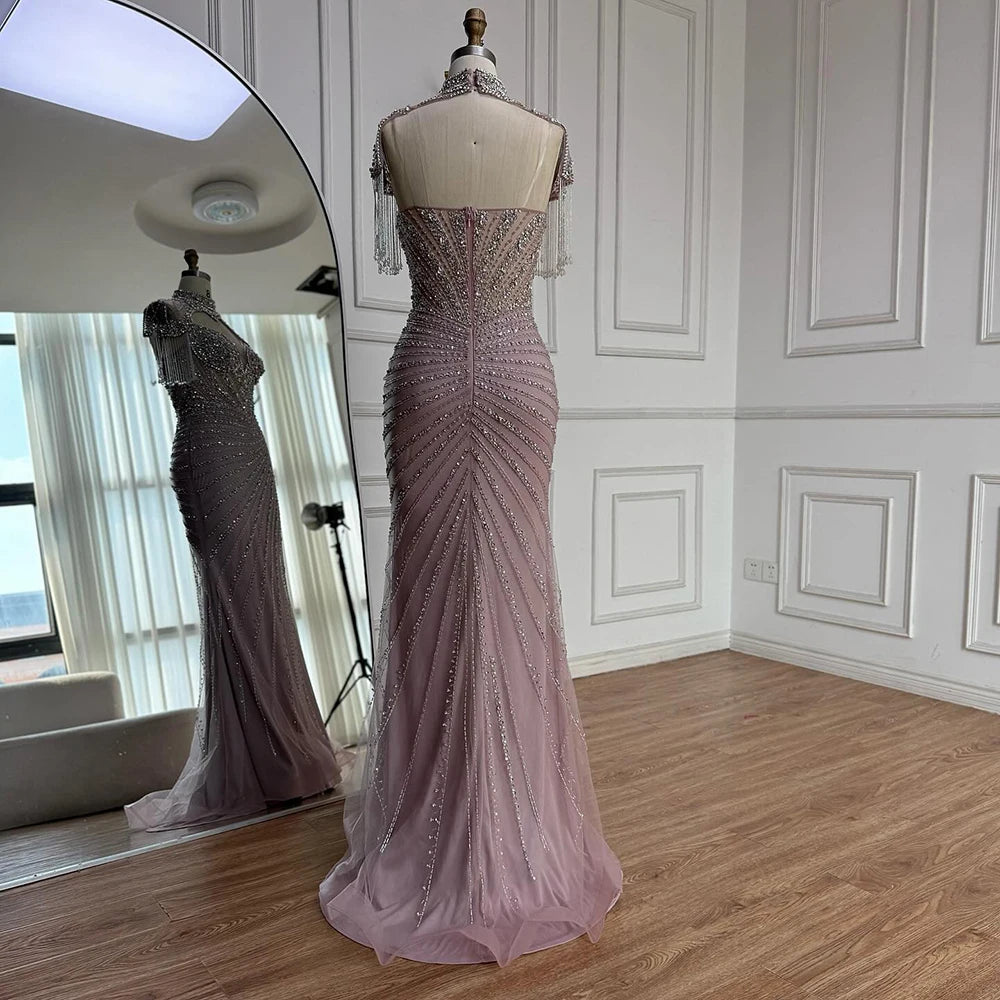 Luxury Pink Beaded Tassel Mermaid Evening Dress Long Gown LA73184 - SERENE HILL