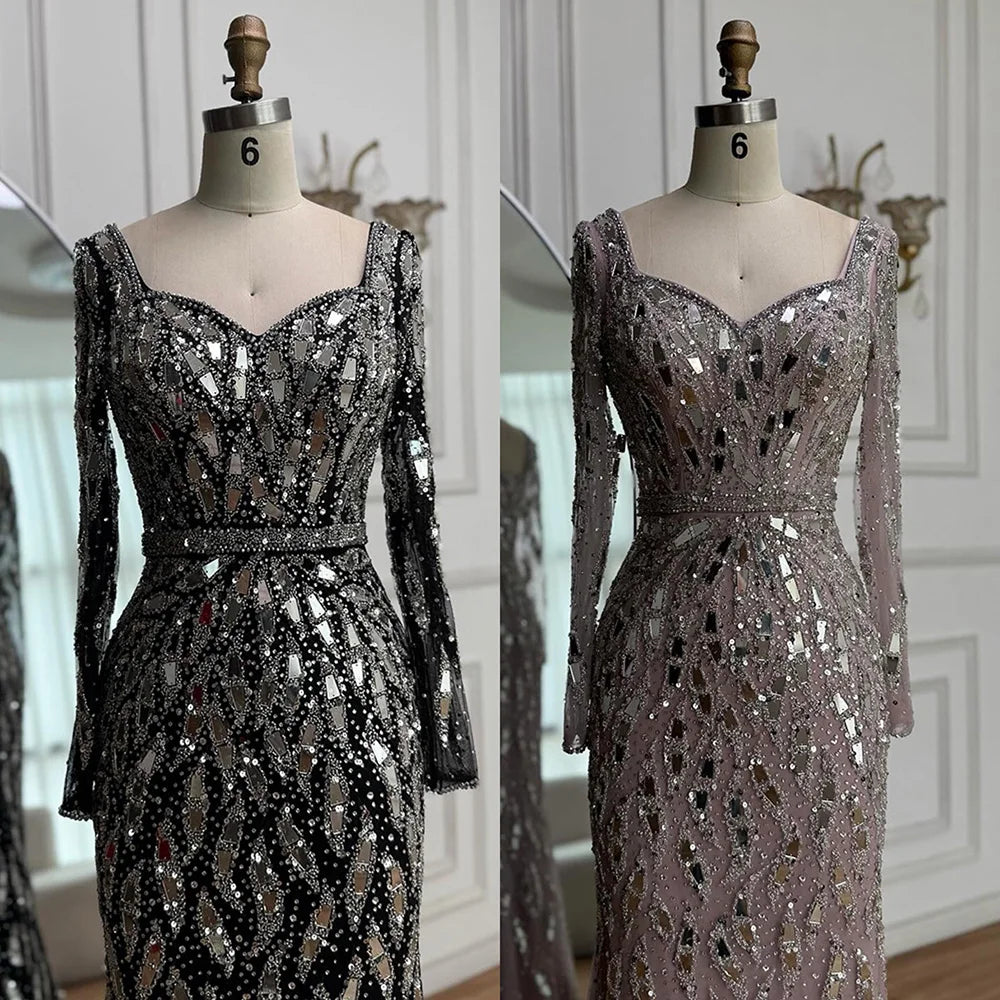 Luxury Black Silver Sequin Long Sleeve Mermaid Evening Dress LA73113 - SERENE HILL