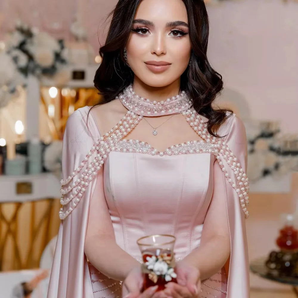 Luxury Arabic Pearls Pink Evening Dress with Cape LA73051 Pearls Pink / 12