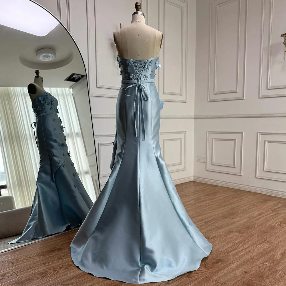 Luxury Dubai Saudi Pink Ruched Appliques Satin Mermaid Evening Dress Gown Lace-Up Back for Formal Occasion LA72740 - SERENE HILL