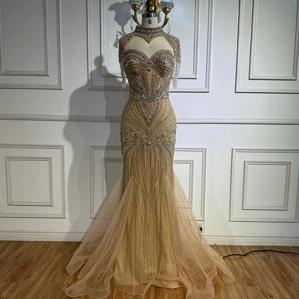 Luxury Nude Beaded High Neck Mermaid Evening Dress LA72897 - SERENE HILL
