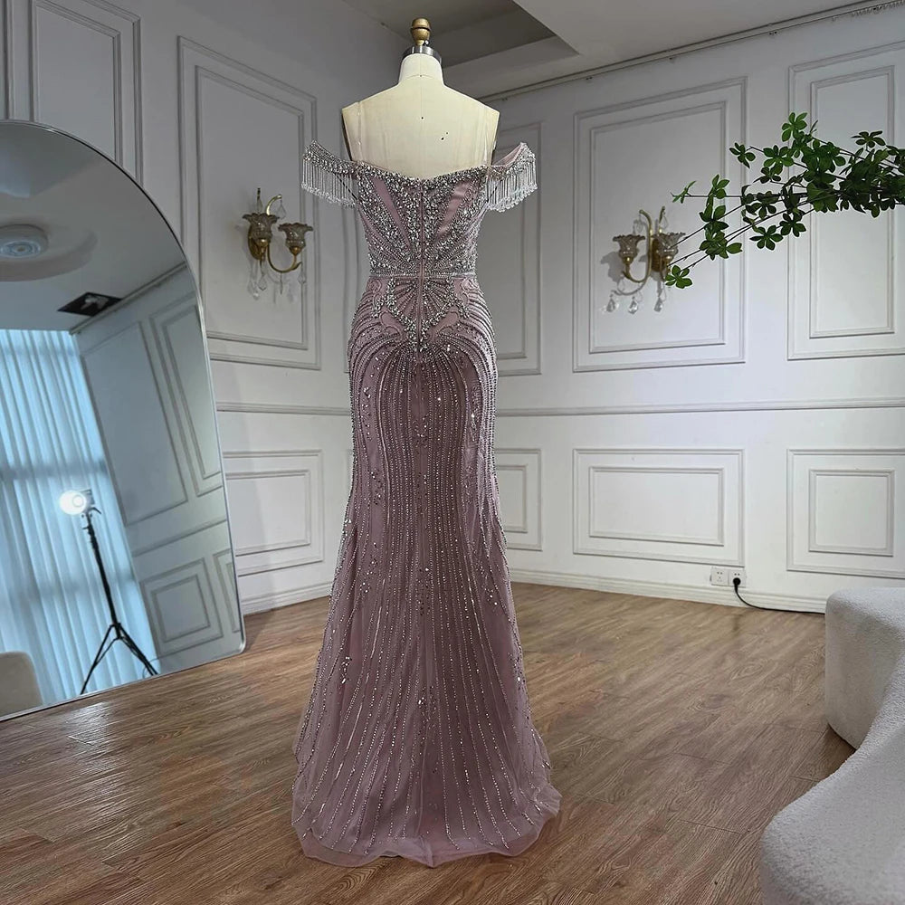 Luxury Pink Crystal Tassel Off Shoulder Evening Dress Dubai LA73204 - SERENE HILL