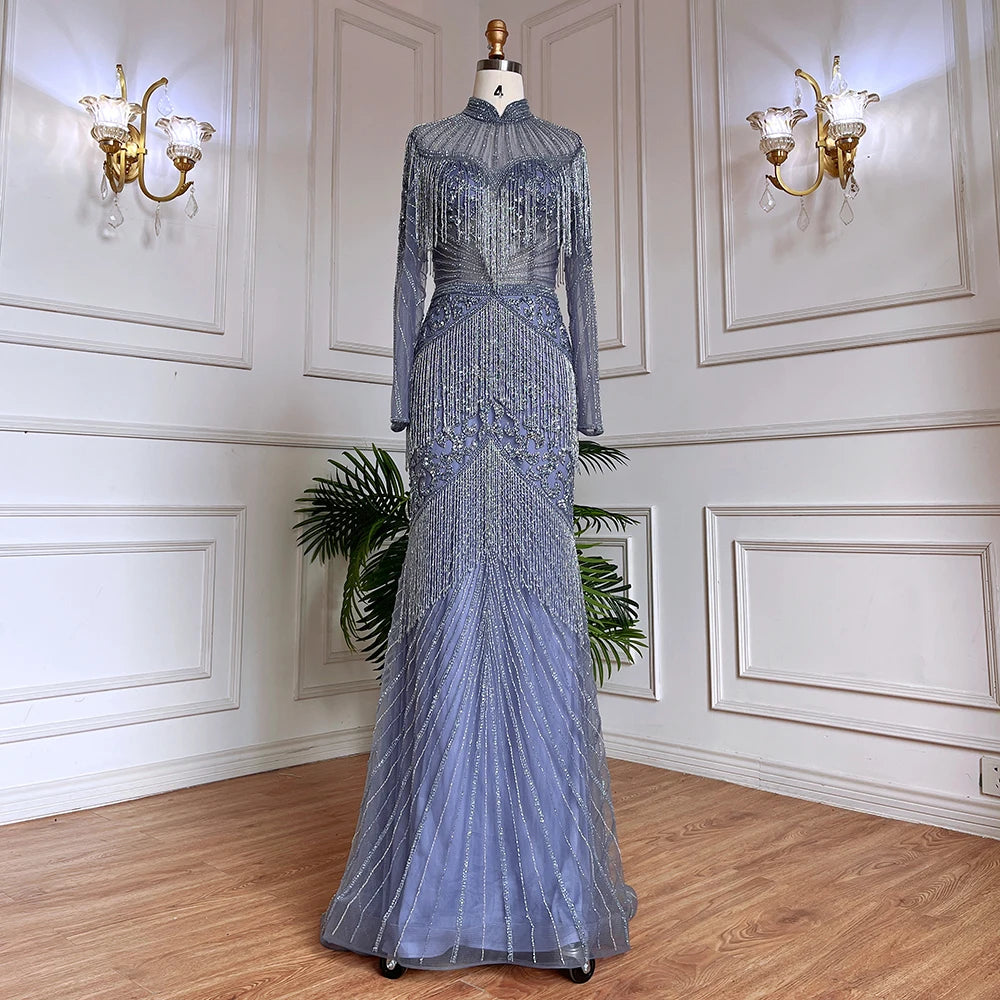 Luxury Blue Beaded Tassel Mermaid Evening Dress Dubai Style LA71986 - SERENE HILL