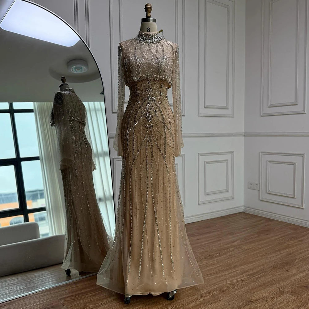 Luxury Turquoise Crystal Beaded Mermaid High Neck Long Sleeve Evening Dress LA73136 - SERENE HILL