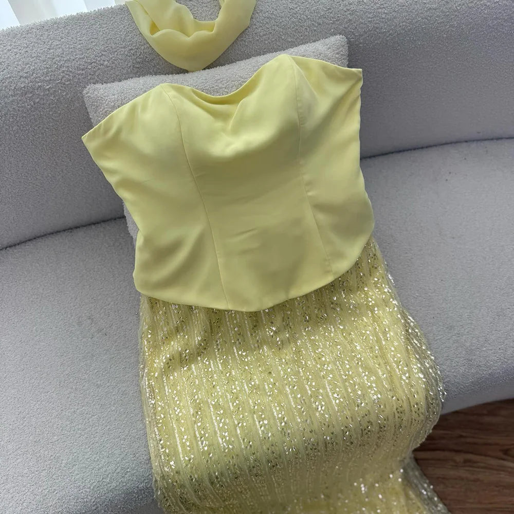 Luxury Yellow Chiffon Mermaid Evening Dress with Cape LA73007 - SERENE HILL