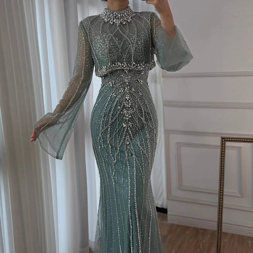 Luxury Turquoise Crystal Beaded Mermaid High Neck Long Sleeve Evening Dress LA73136 - SERENE HILL