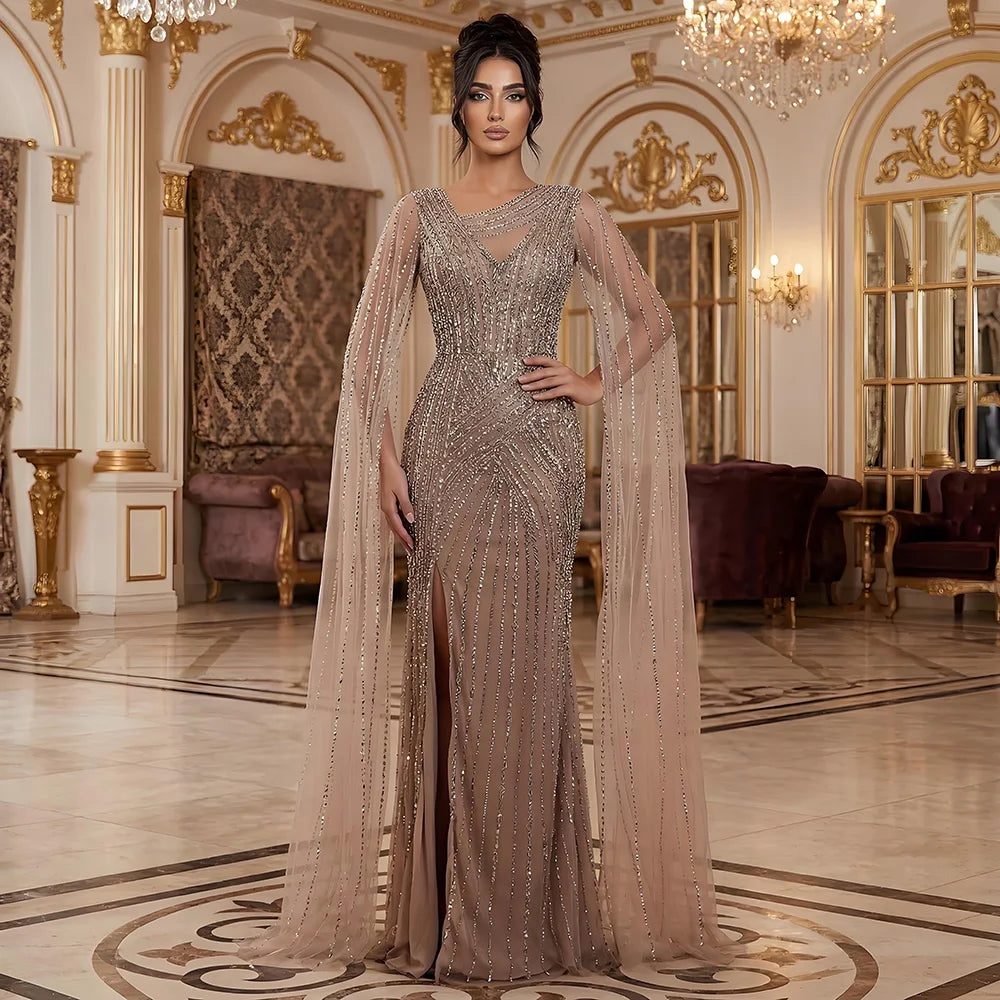 Luxury Nude Beaded Mermaid Evening Dress with Cape Sleeves LA71429B Nude / 6