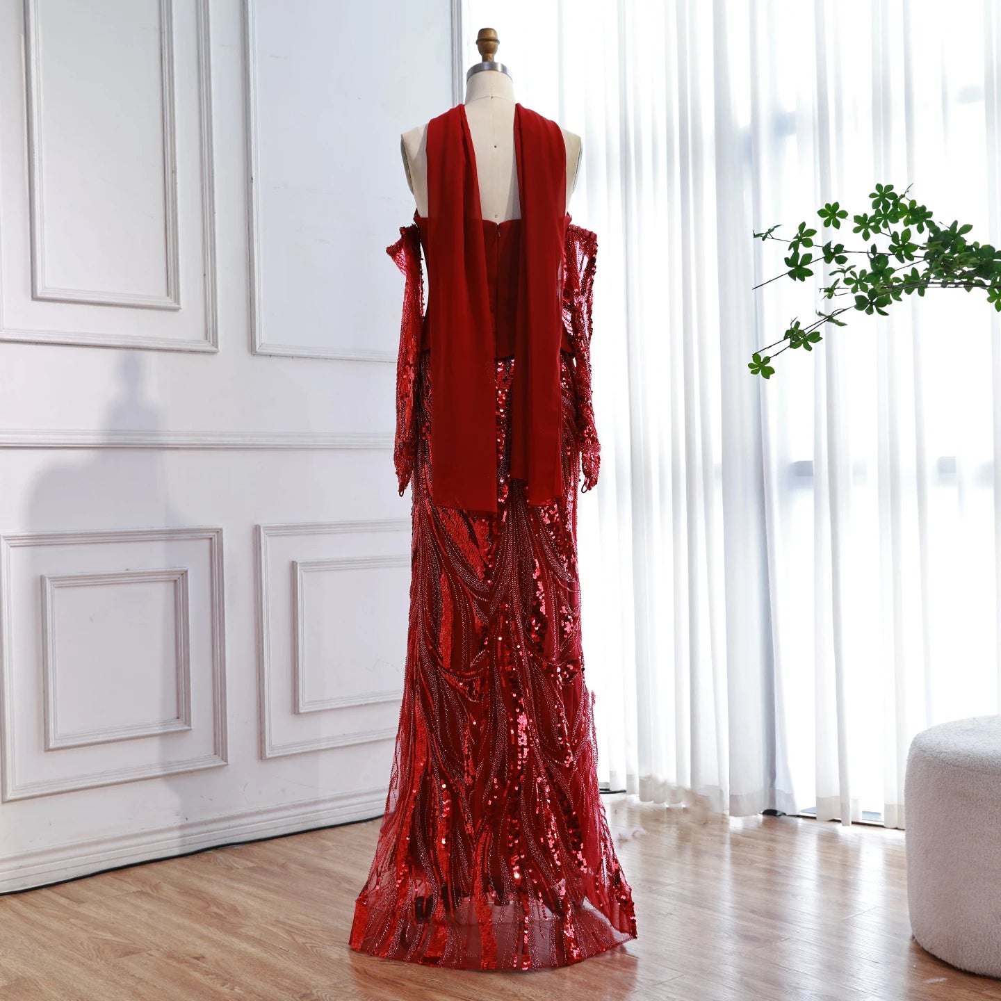 Luxury Wine Red Mermaid Evening Dress With Gloves LA73050E - SERENE HILL