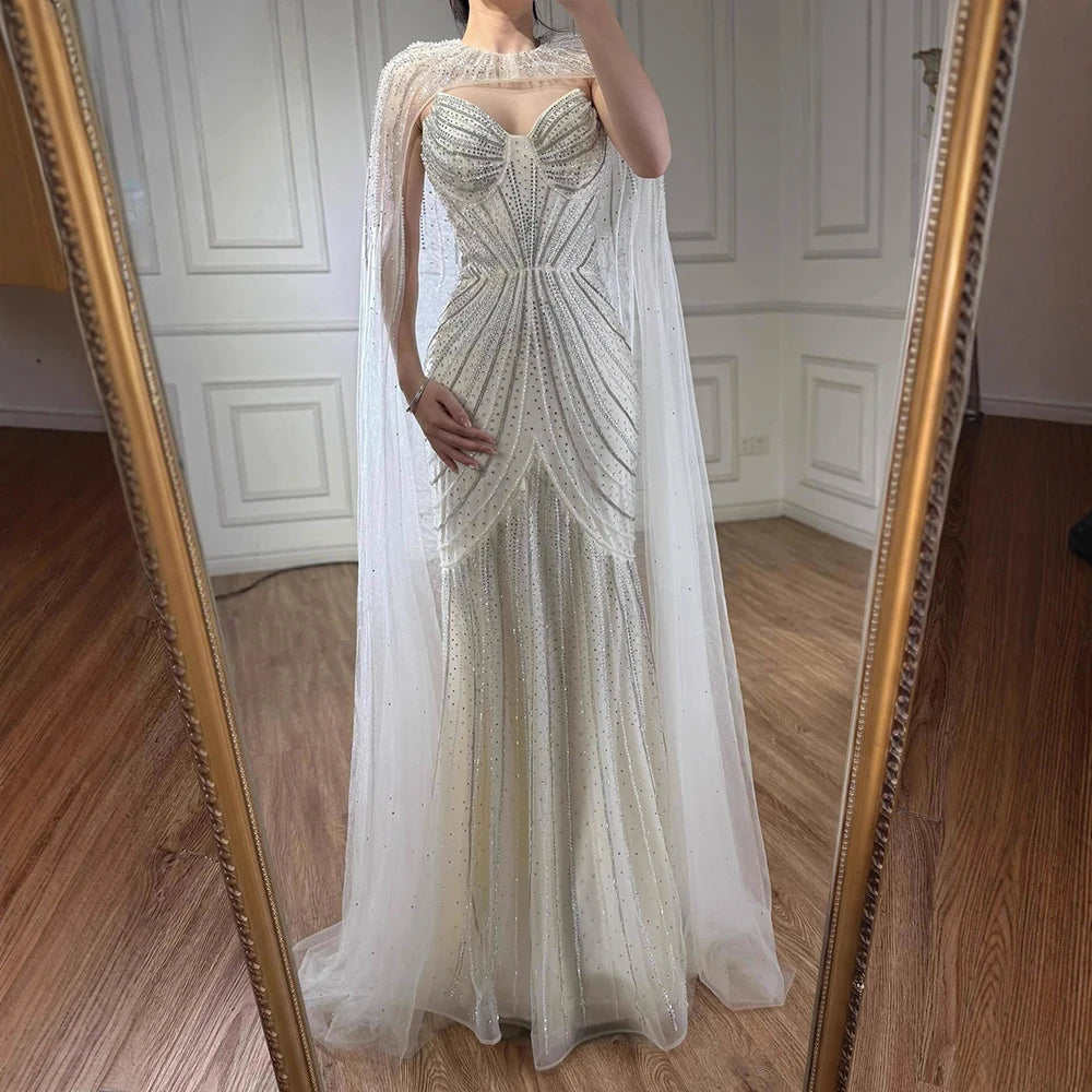 Luxury Blue Beaded Evening Gown with Detachable Cape LA72784 - SERENE HILL