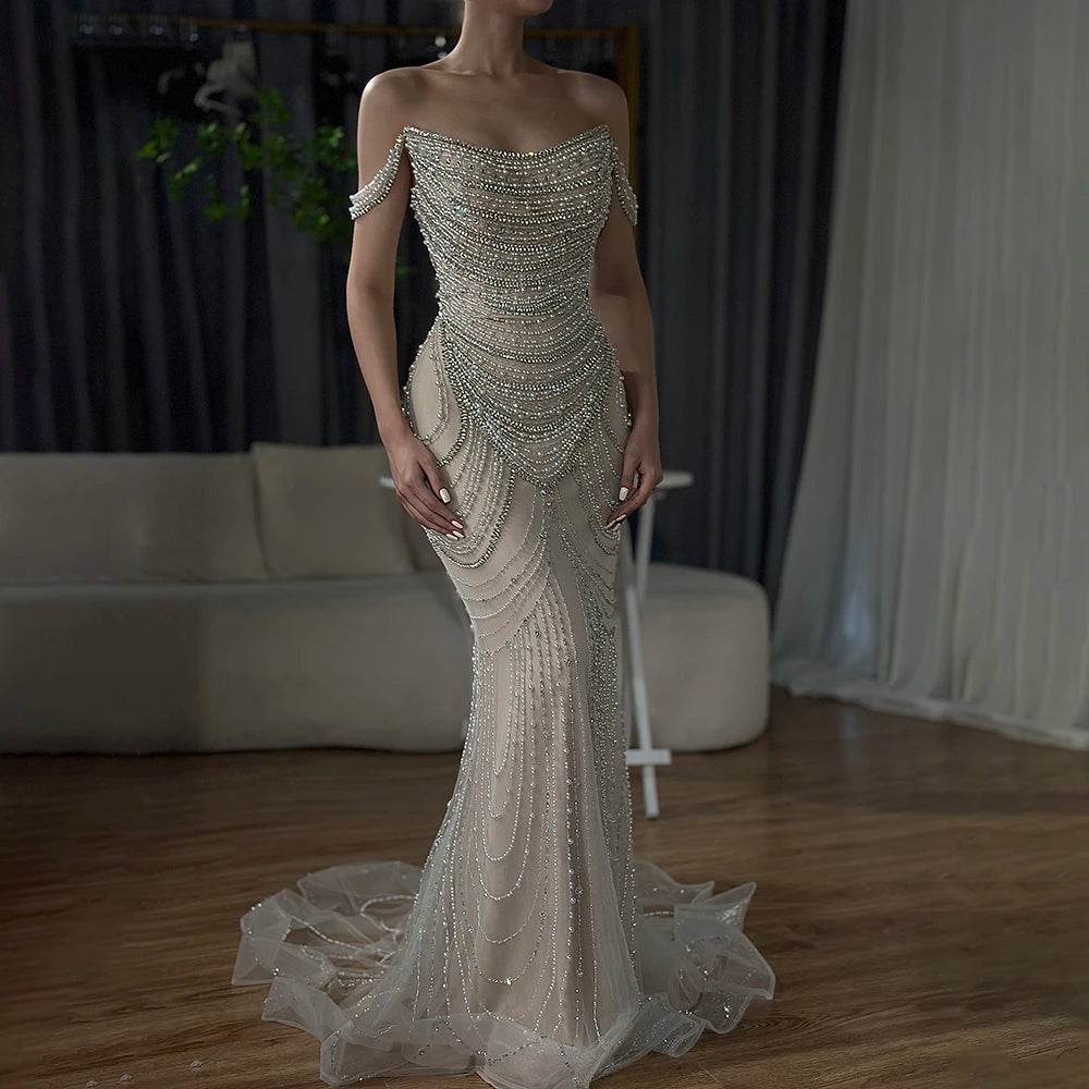 Luxury Crystal Silver Gray Pearl Beaded Evening Dress LA72253 - SERENE HILL