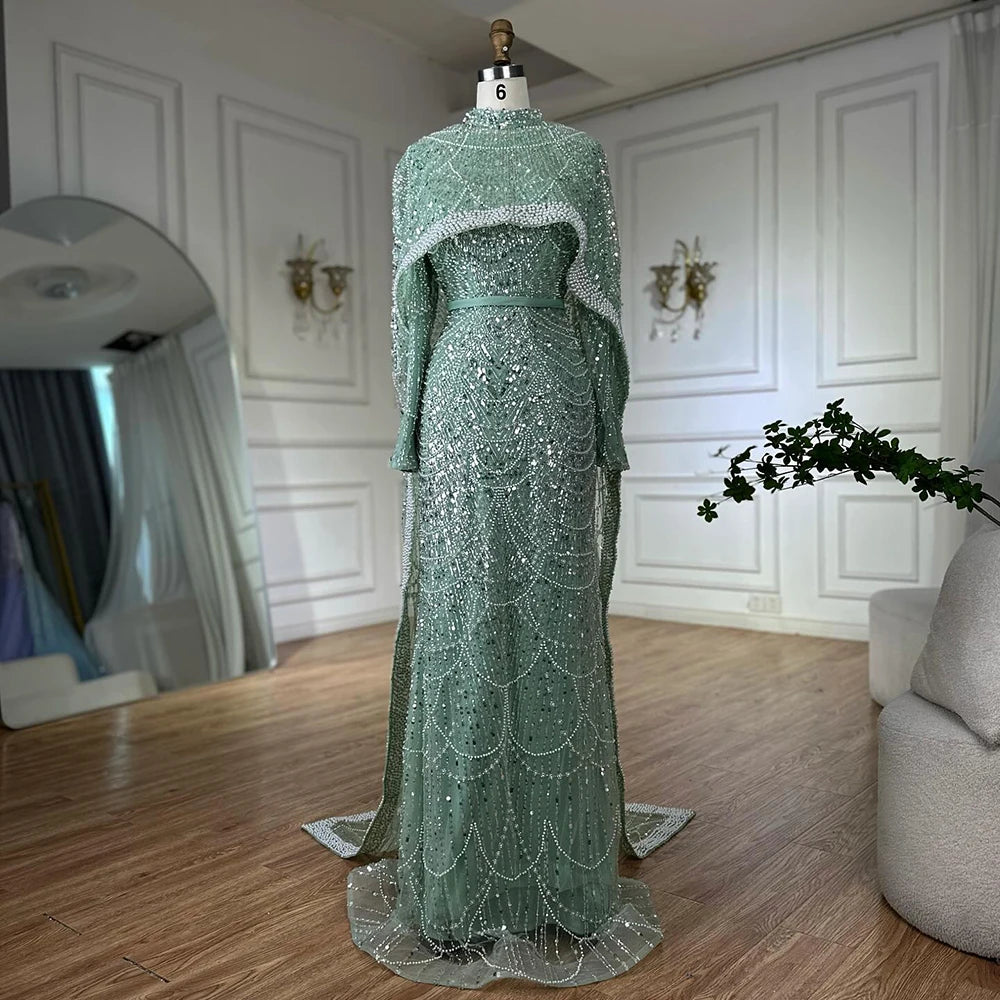 Luxury Dubai Muslim Mermaid Long Cape Evening Dresses Pearls Beaded Gowns For Formal Occasion LA72032MP - SERENE HILL