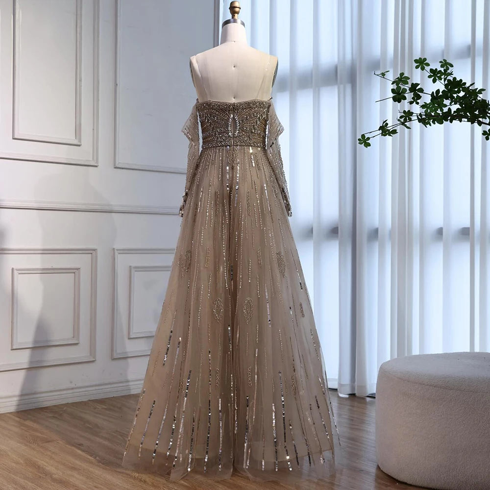 Luxury Caramel Crystal Beaded Long Sleeve Mermaid Evening Dress LA73130 - SERENE HILL