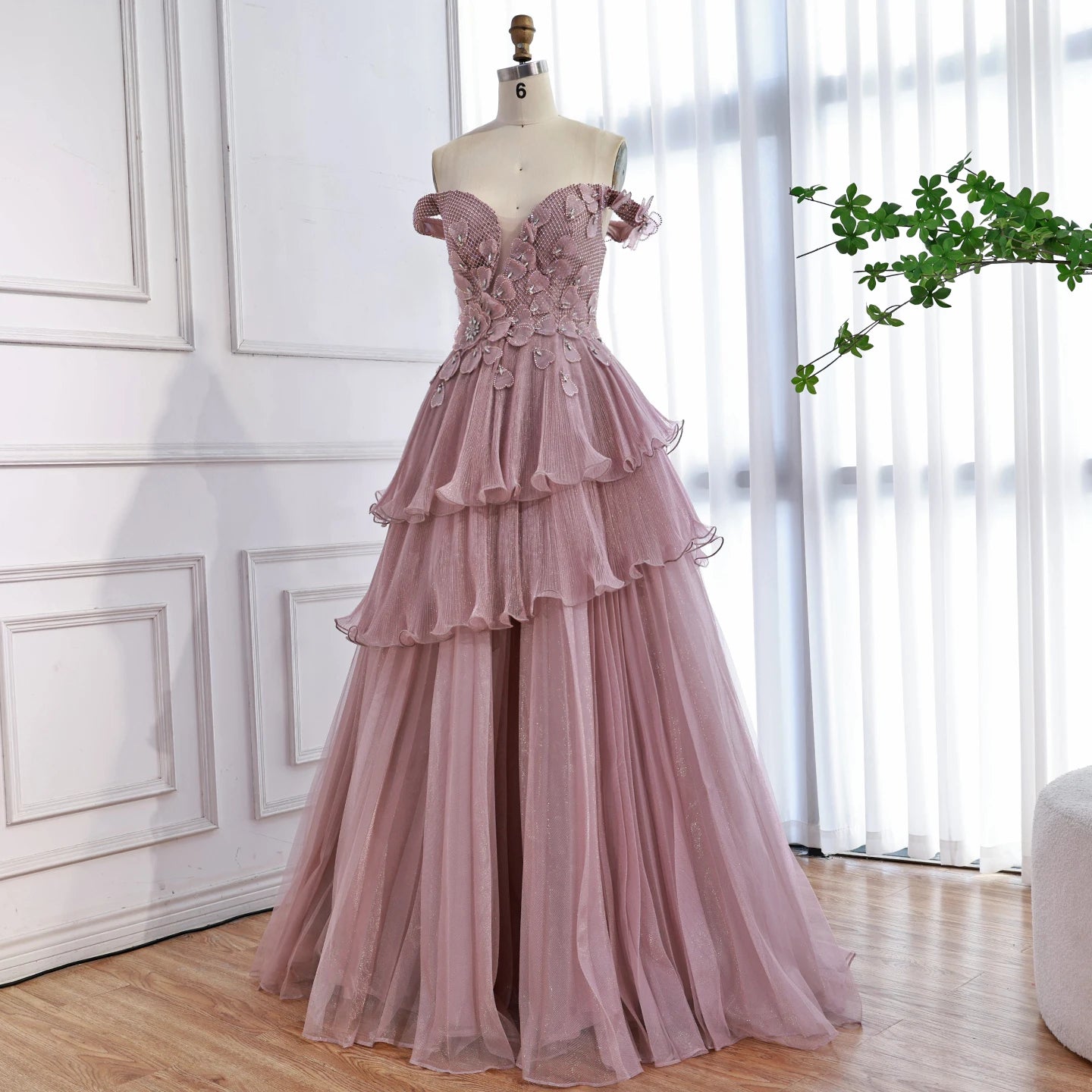 Luxury Pink Dreamy Ruffles Beaded A-Line Evening Dress LA73385 - SERENE HILL