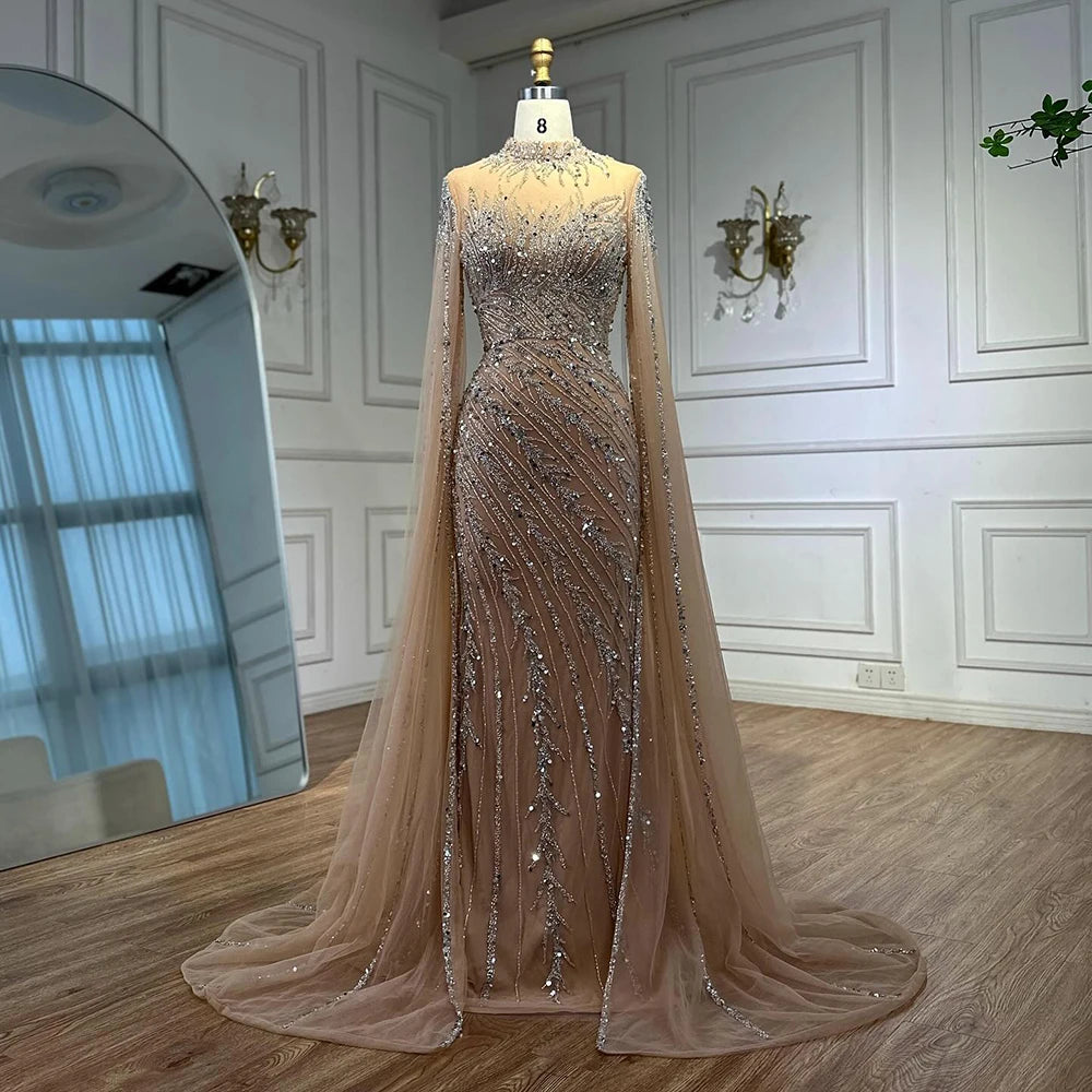 Luxury Nude Mermaid Evening Dress with Cape Sleeves LA71885A - SERENE HILL