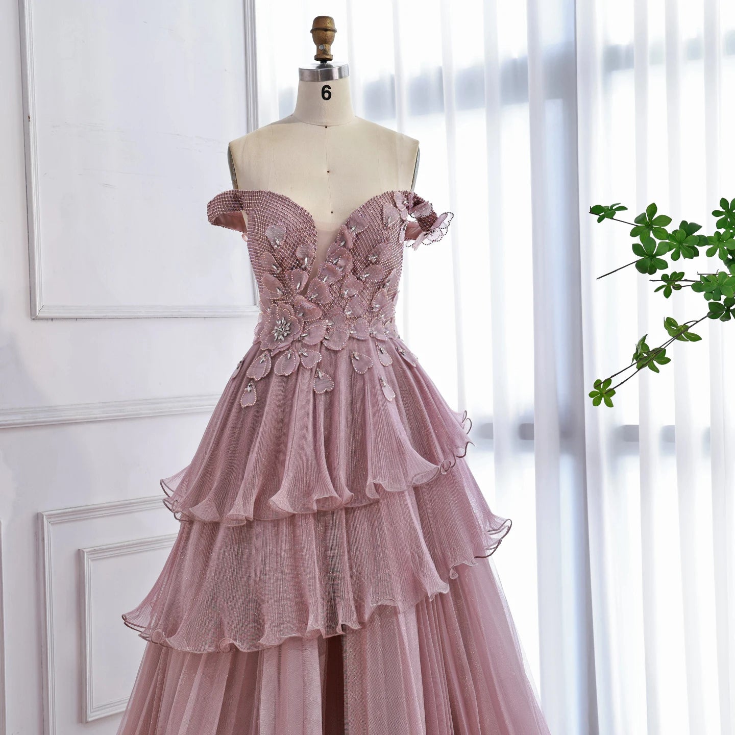 Luxury Pink Dreamy Ruffles Beaded A-Line Evening Dress LA73385 - SERENE HILL