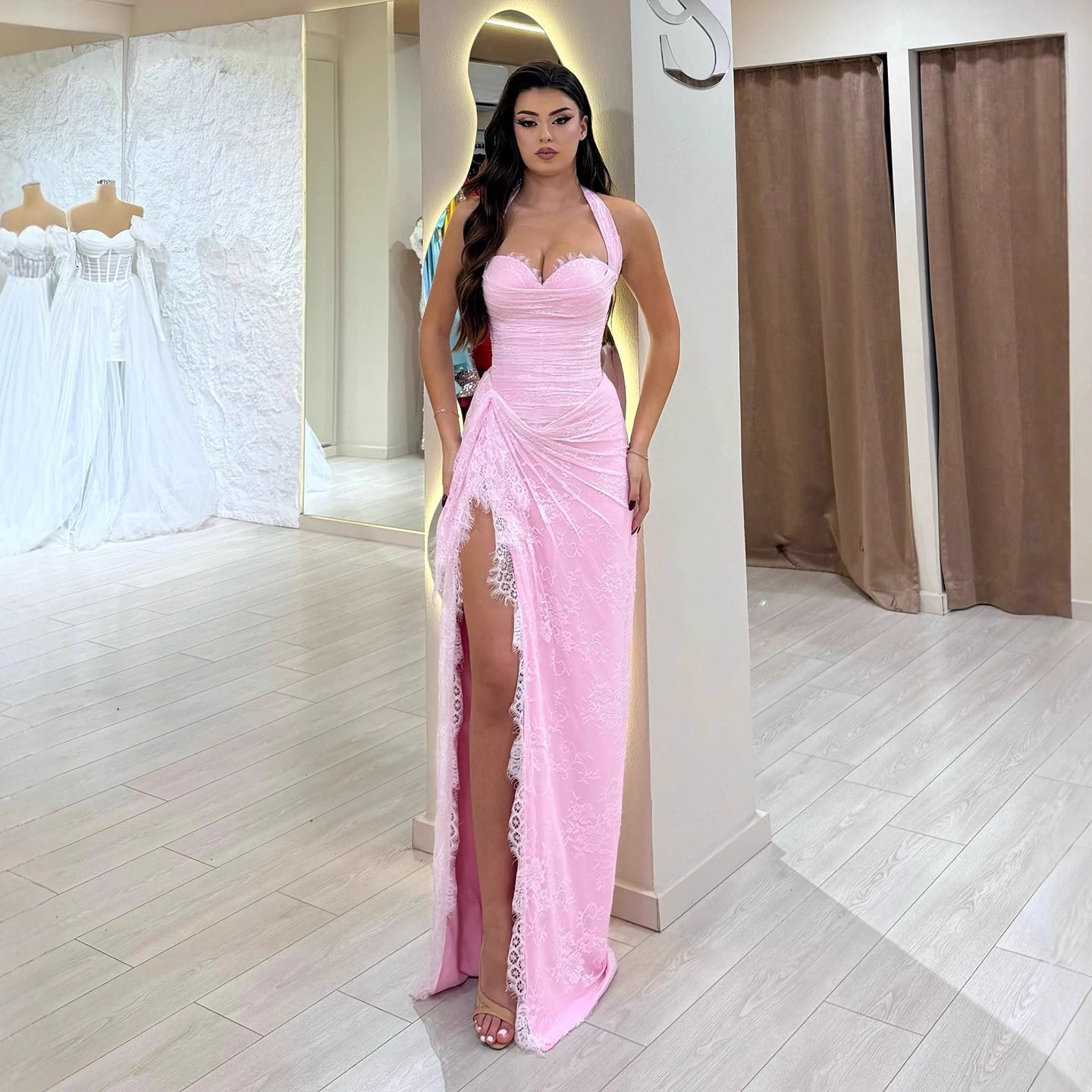 Luxury Pink Lace Halter Saudi Arabic High Split Evening Dress LA73372 - SERENE HILL