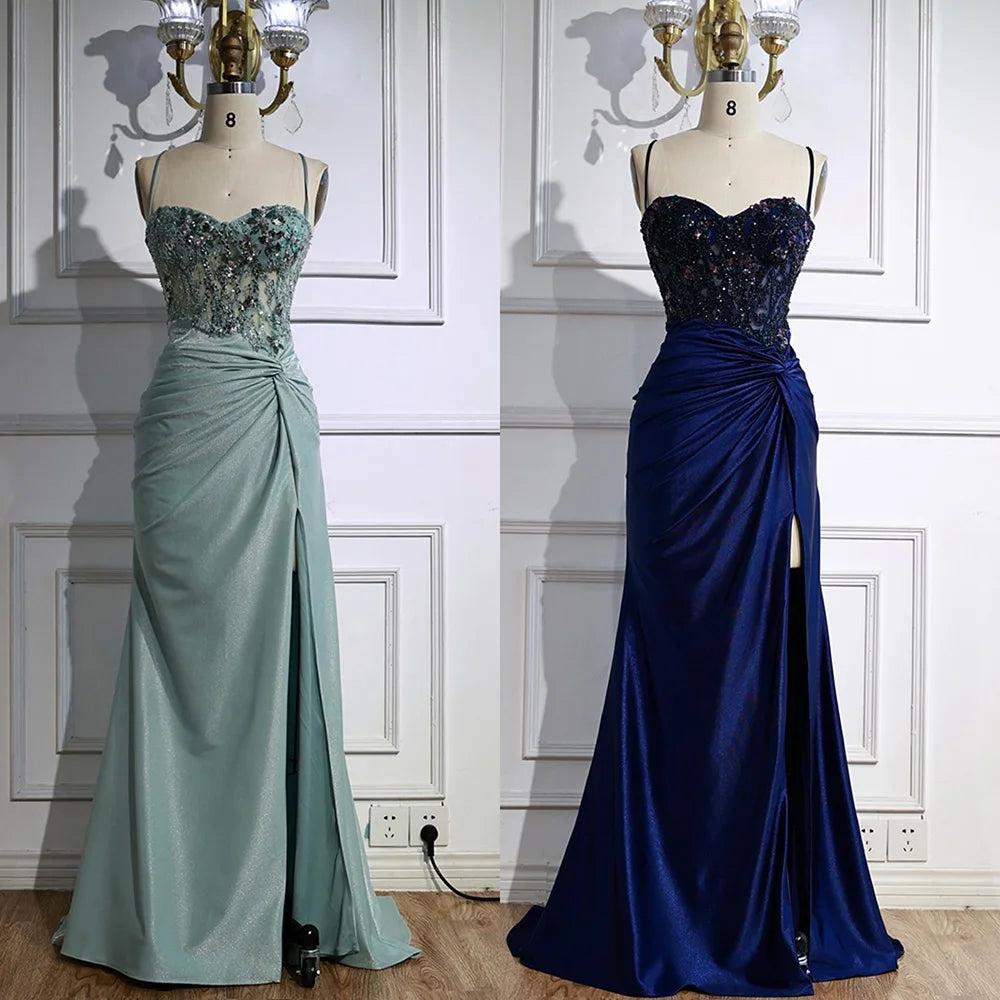 Classy Light Green Satin Prom Dress with Lace and Slit LA73032A - SERENE HILL
