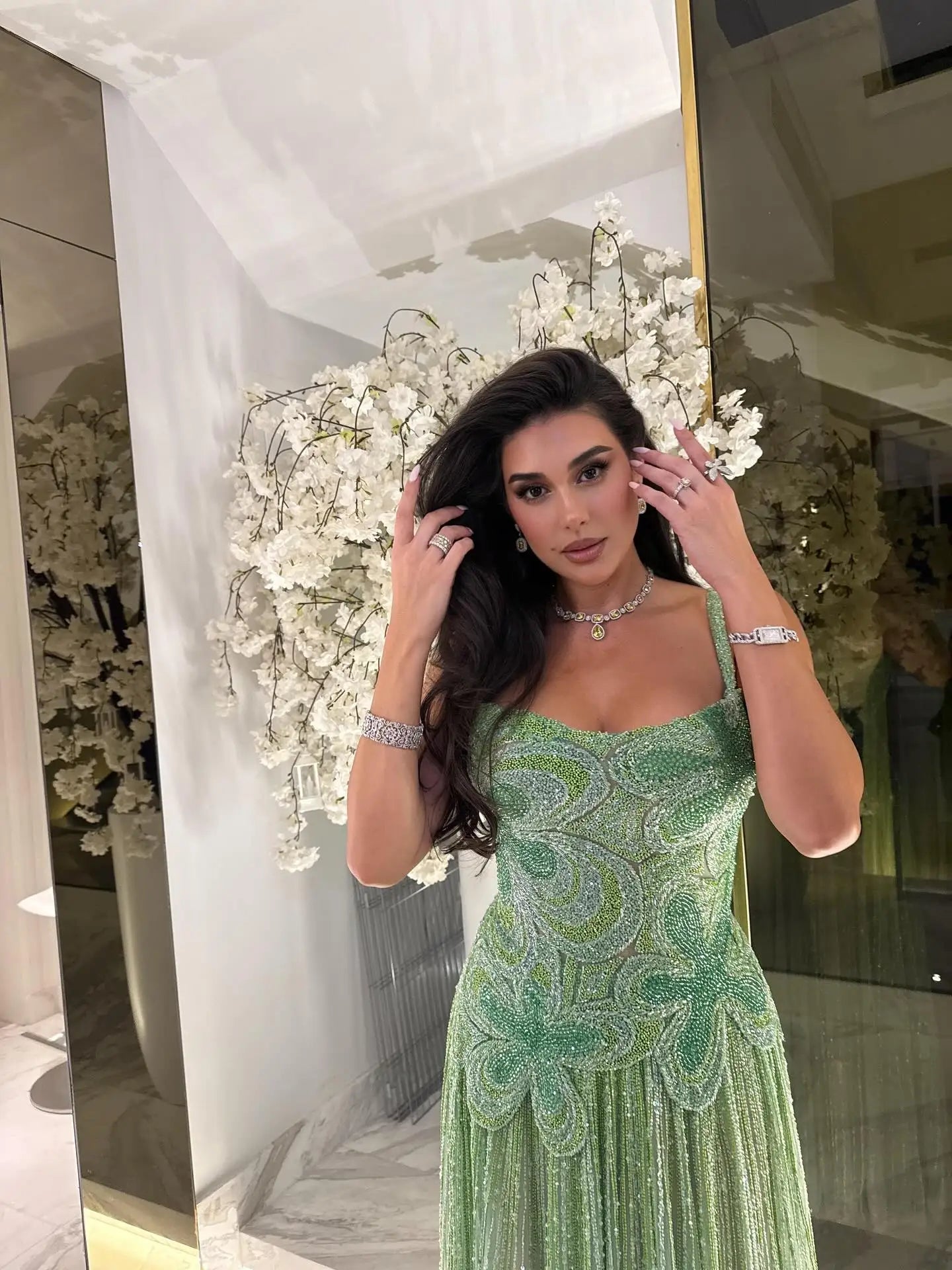 Luxury Arabic Green Beaded Spaghetti Strap Evening Dress LA73332 - SERENE HILL