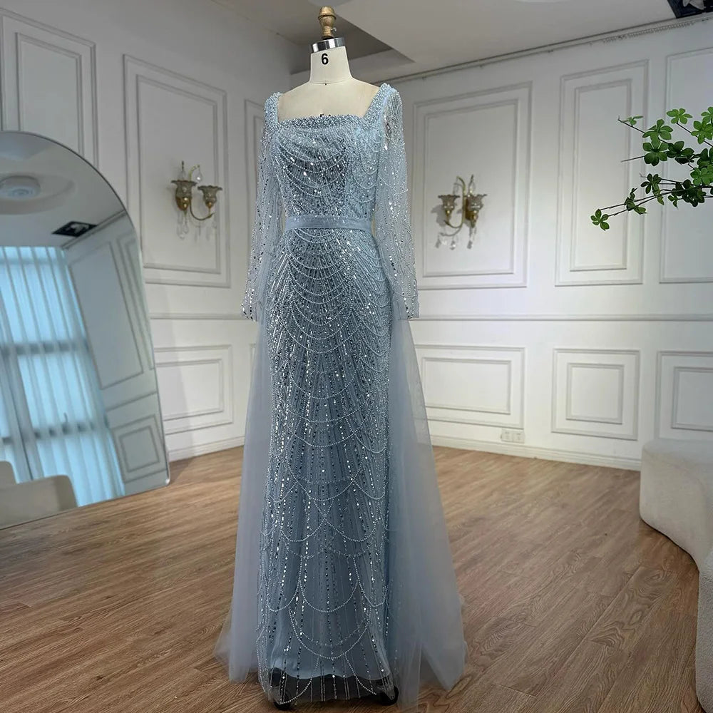 Blue Square Evening Dress With Long Sleeve Plus Size LA72032N - SERENE HILL