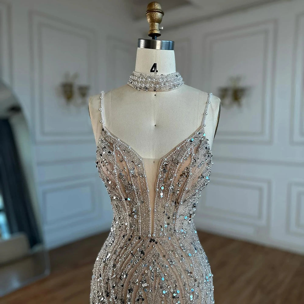 White Nude Beaded Evening Dress with Spaghetti Straps LA72047D - SERENE HILL