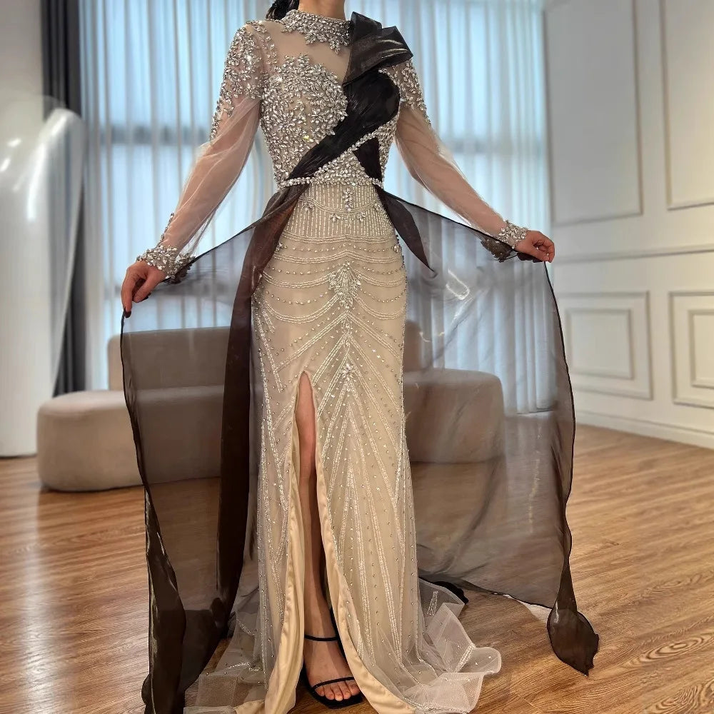 Silver Nude Beaded Long Sleeve Arabic Evening Dress LA72769A sliver Nude / 8