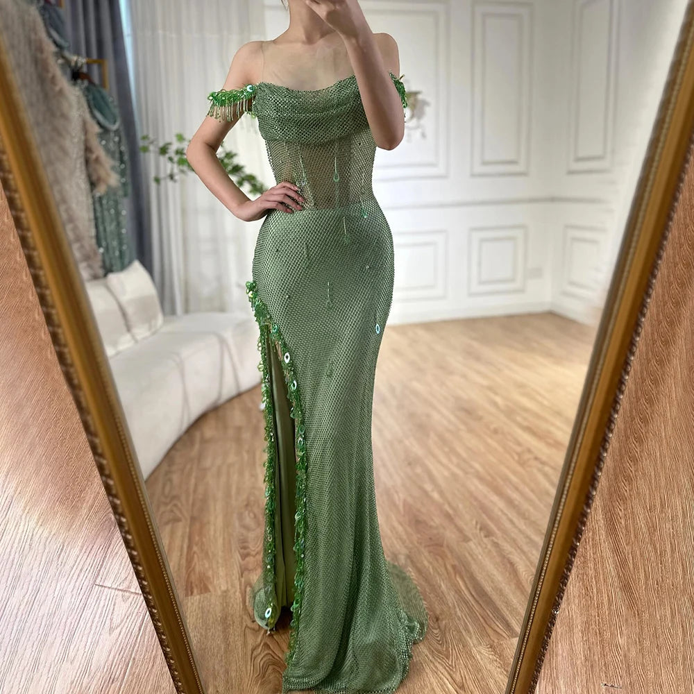 Serene Hill Arabic Green Crystal Tassel Saudi Evening Dresses Gowns High Split Prom Dress for Women Wedding Party 2025 LA72490 - SERENE HILL