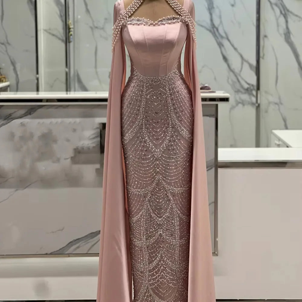 Luxury Arabic Pearls Pink Evening Dress with Cape LA73051 - SERENE HILL