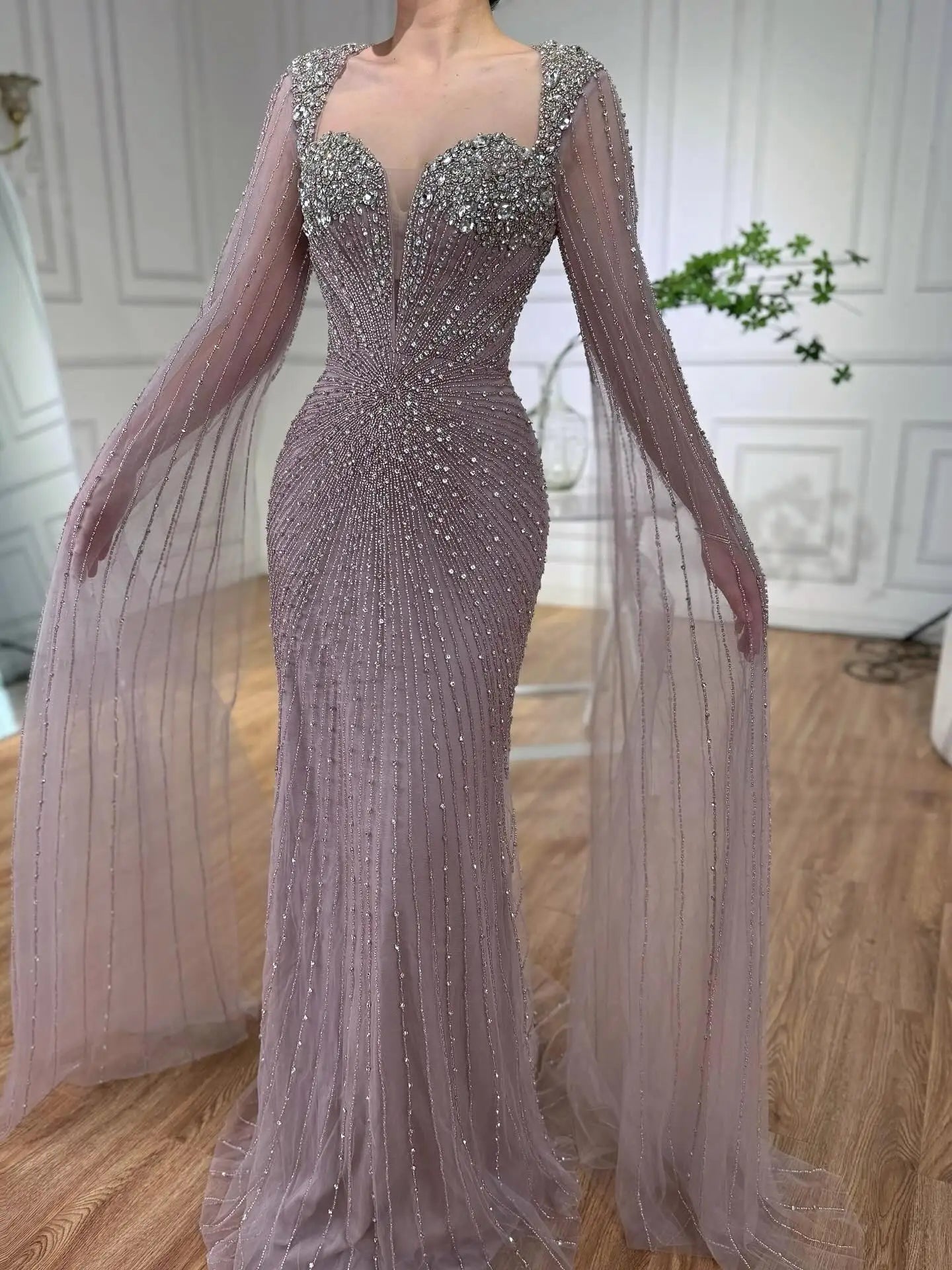 Luxury Caramel Crystal Beaded Mermaid Evening Dress with Cape LA72575D - SERENE HILL