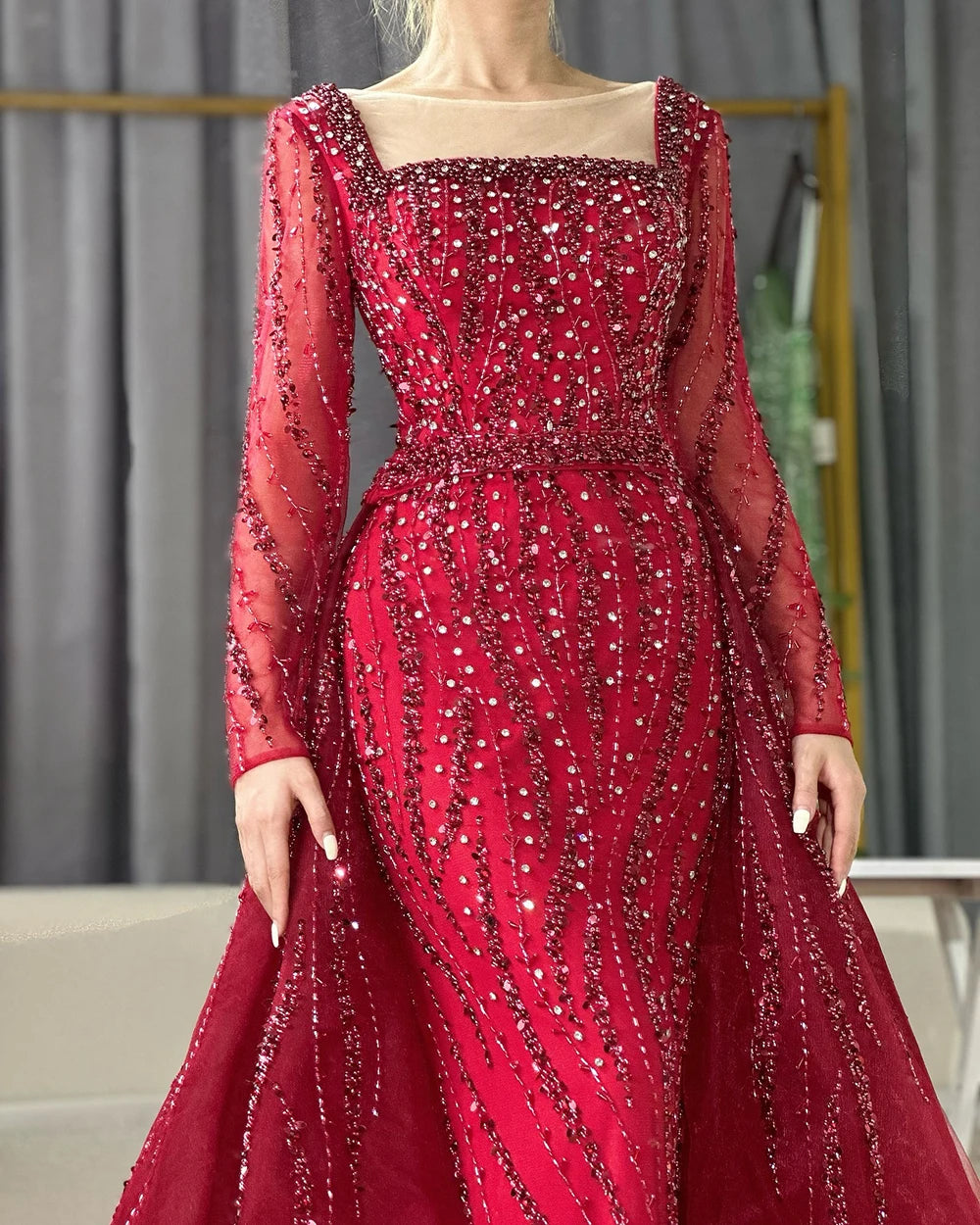 Modest Green Mermaid Evening Dress with Overskirt LA72710 - SERENE HILL