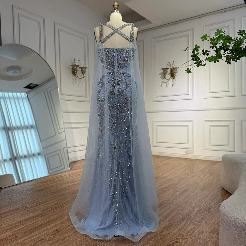 Luxury Nude Cape Sleeves Beaded Crystal Evening Dress LA72806 - SERENE HILL